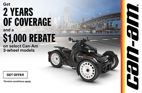 Get an additional year of coverage and a $1,000 rebate on select Can-Am 3-wheel models