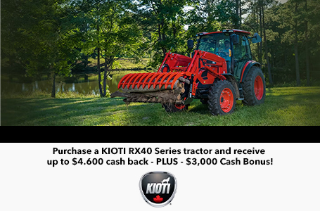Purchase a KIOTI RX40 Series tractor and receive up to $4.600 cash back - PLUS - $3,000 Cash Bonus!