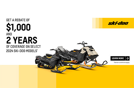 Get a rebate of $1,000 and 2 years of coverage on select 2024 Ski-Doo and Lynx models