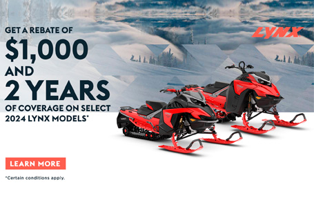 Get a rebate of $1,000 and 2 years of coverage on select 2024 Ski-Doo and Lynx models