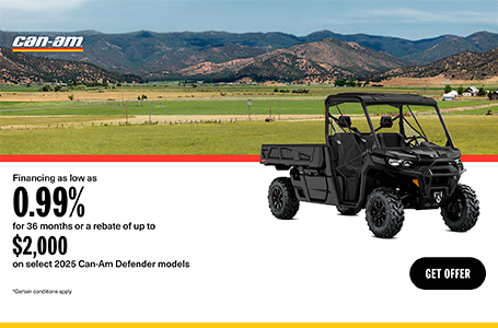 Financing as low as 0.99% for 36 months or a rebate of up to $2,000 on select 2025 Can-Am Defender models