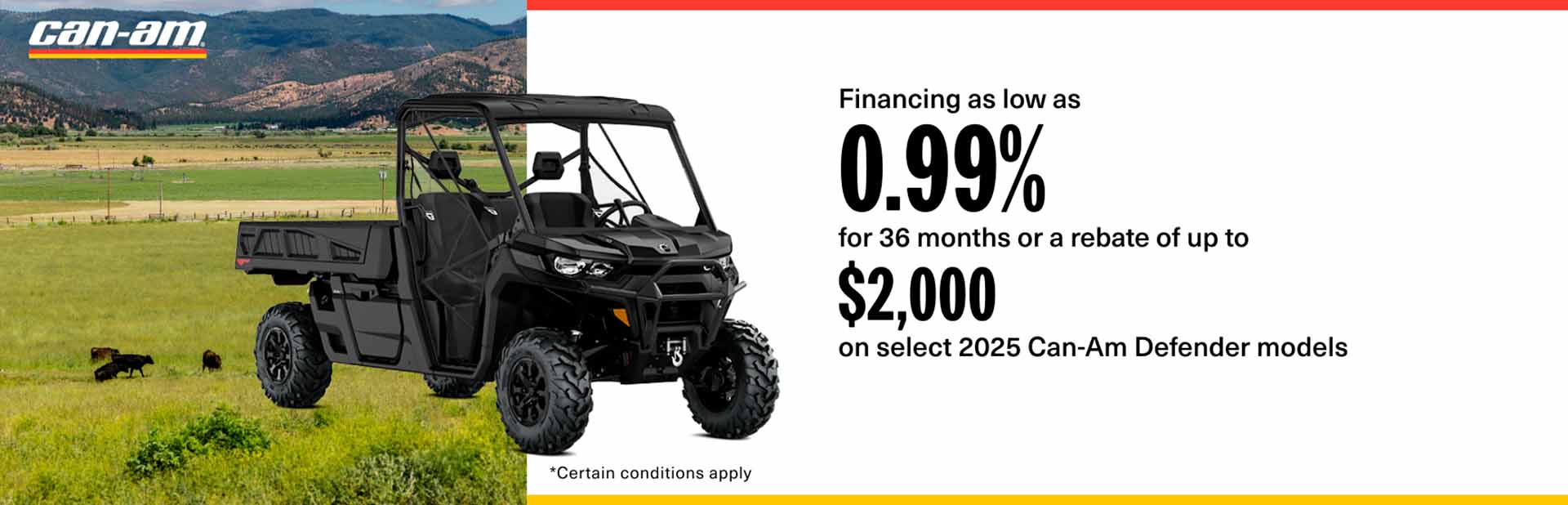 Financing as low as 0.99% for 36 months or a rebate of up to $2,000 on select 2025 Can-Am Defender models