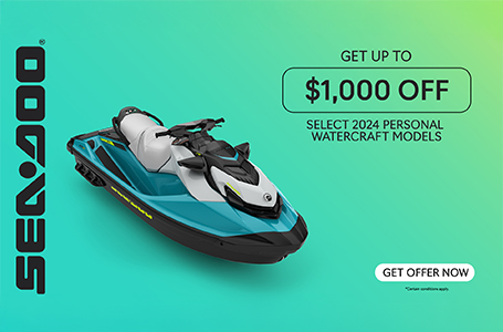 Rebates up to $1,000 or financing starting at 0% for 36 months on select 2024 Sea-Doo personal watercraft models